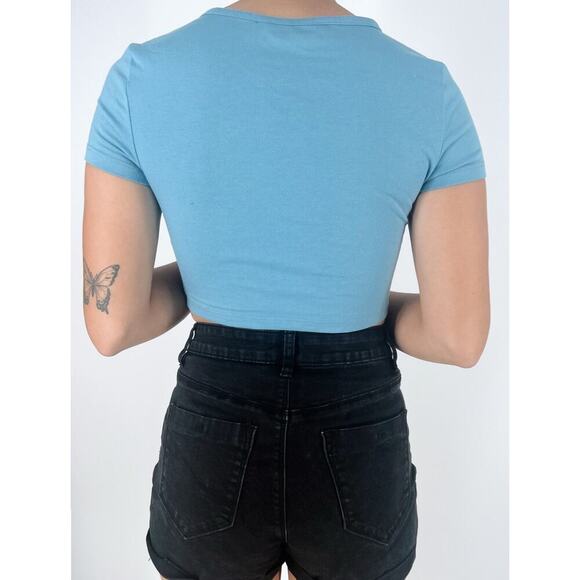 Women's Blue Button Down V-neck Cropped Short Sleeve Top Size XS - Picture 2 of 3